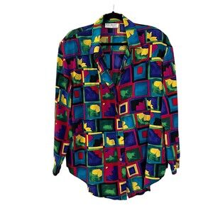 S.G. Sport Collection Vintage Psychedelic Bright Bold Floral Blouse Large